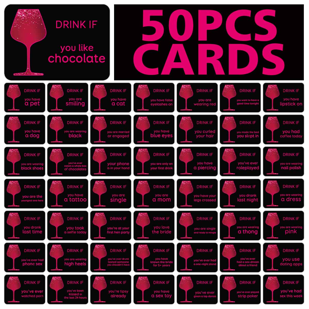 Party Games Bachelorette - 50 Stück Trinkspielkarten für Junggesellinnenabschiede, Trinkkarten
