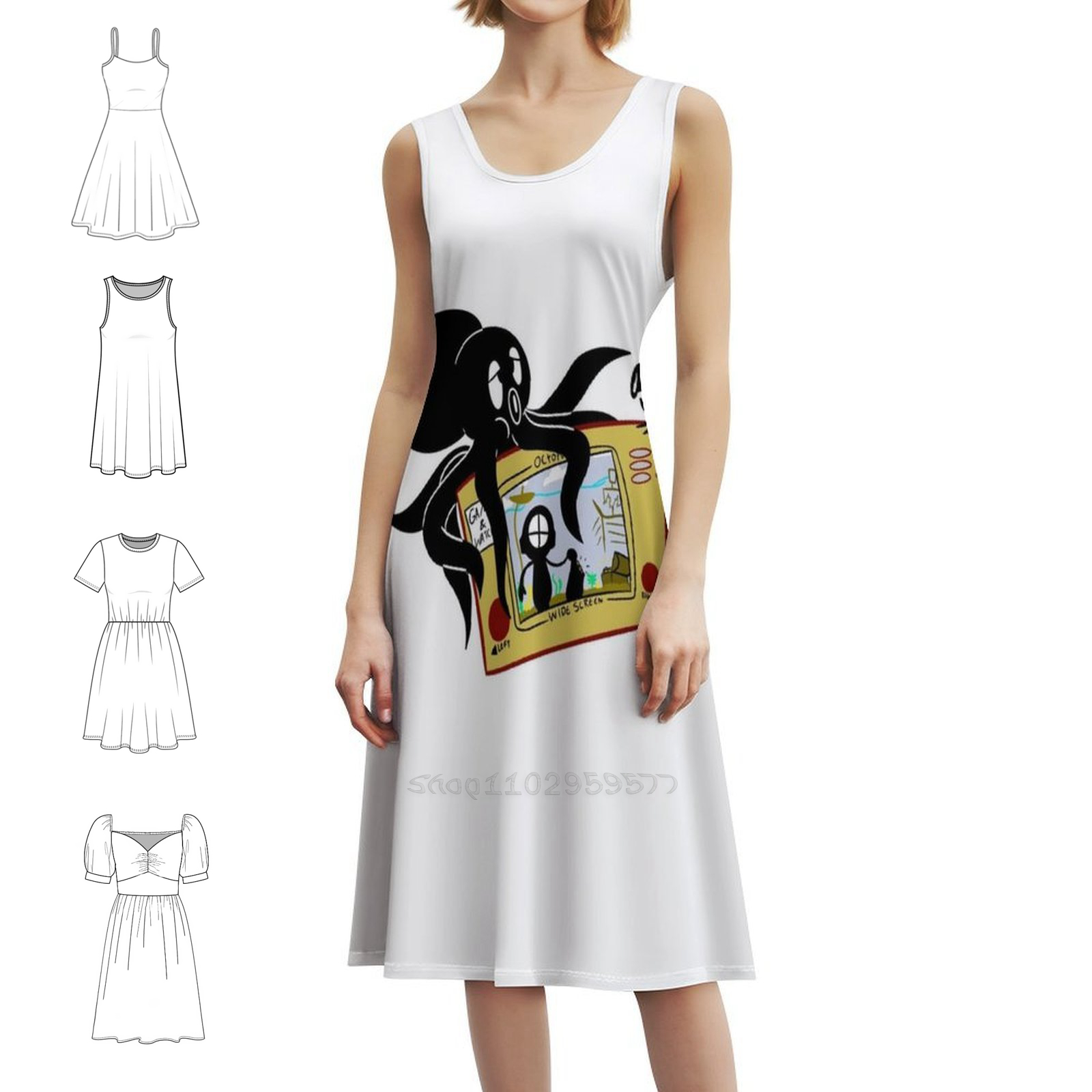 Party Games Summer - Octopus Vintage Bohemian Kleid Puffärmel oder
